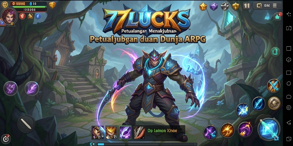 Screenshot 77LUCKS menampilkan aksi seru gameplay ARPG.