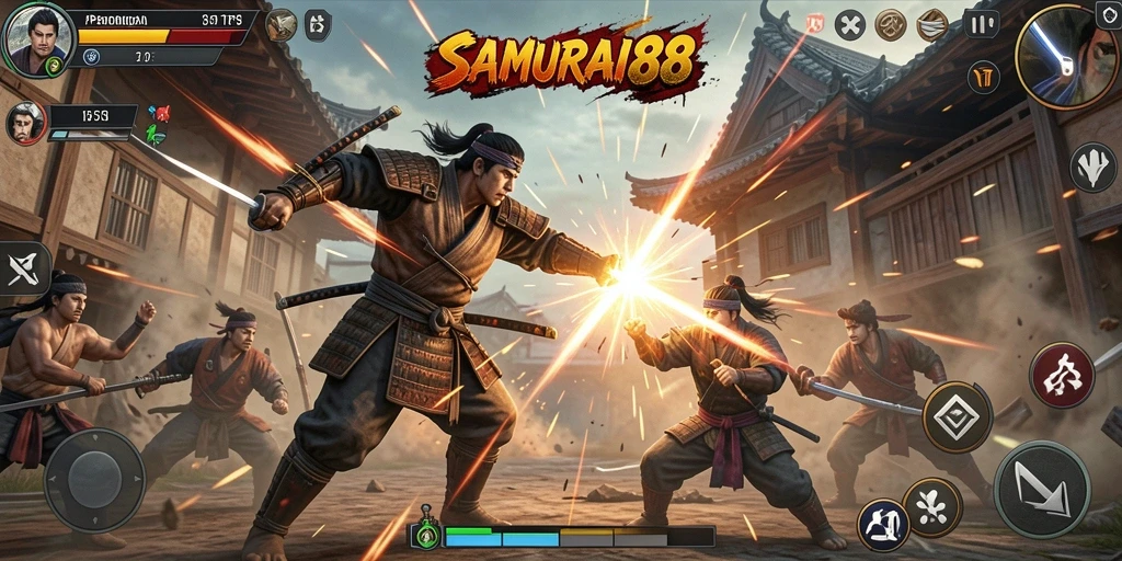 Tampilan aksi menegangkan dalam gameplay SAMURAI88 yang mendebarkan.