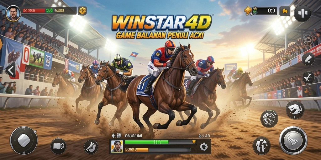 Gameplay seru dari WINSTAR4D dengan mobil balap dan trek yang menantang.